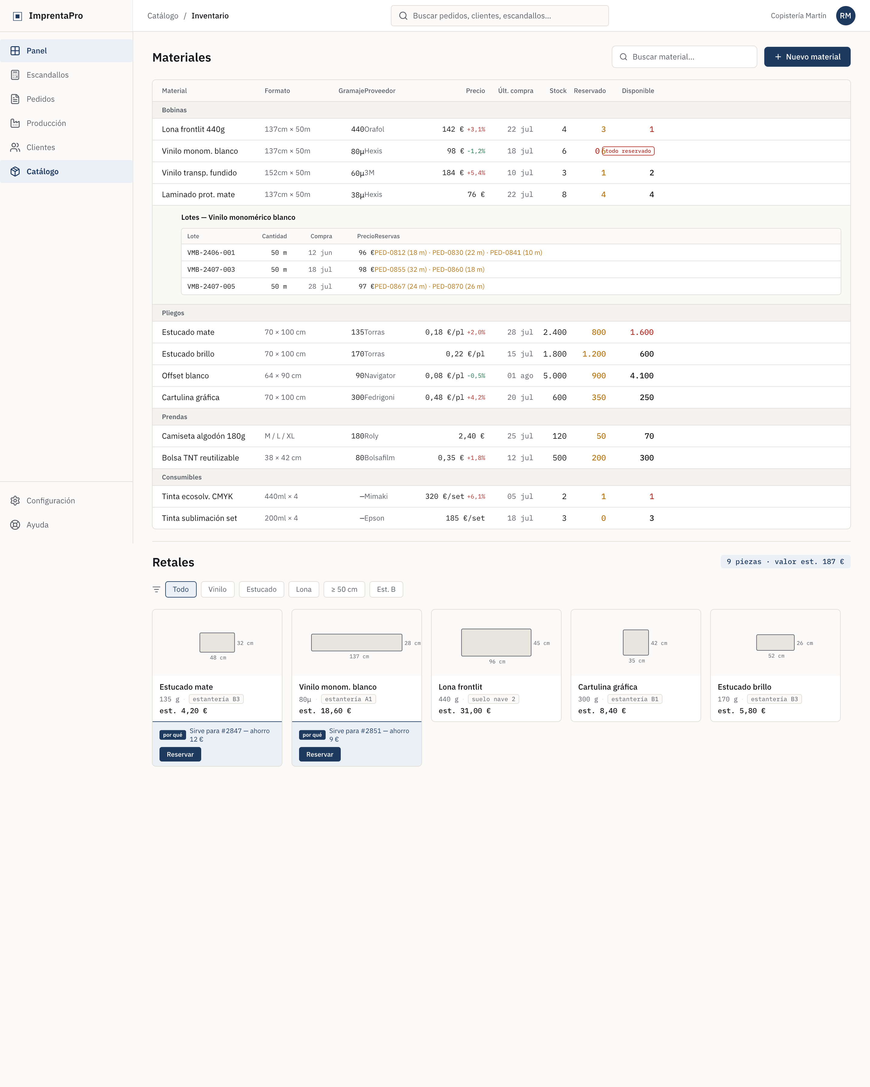 Inventario de materiales para packaging con alertas de stock