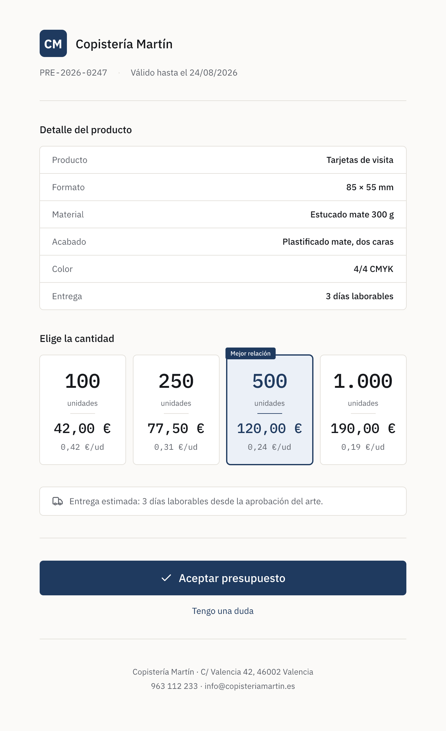 Presupuesto público online para copistería