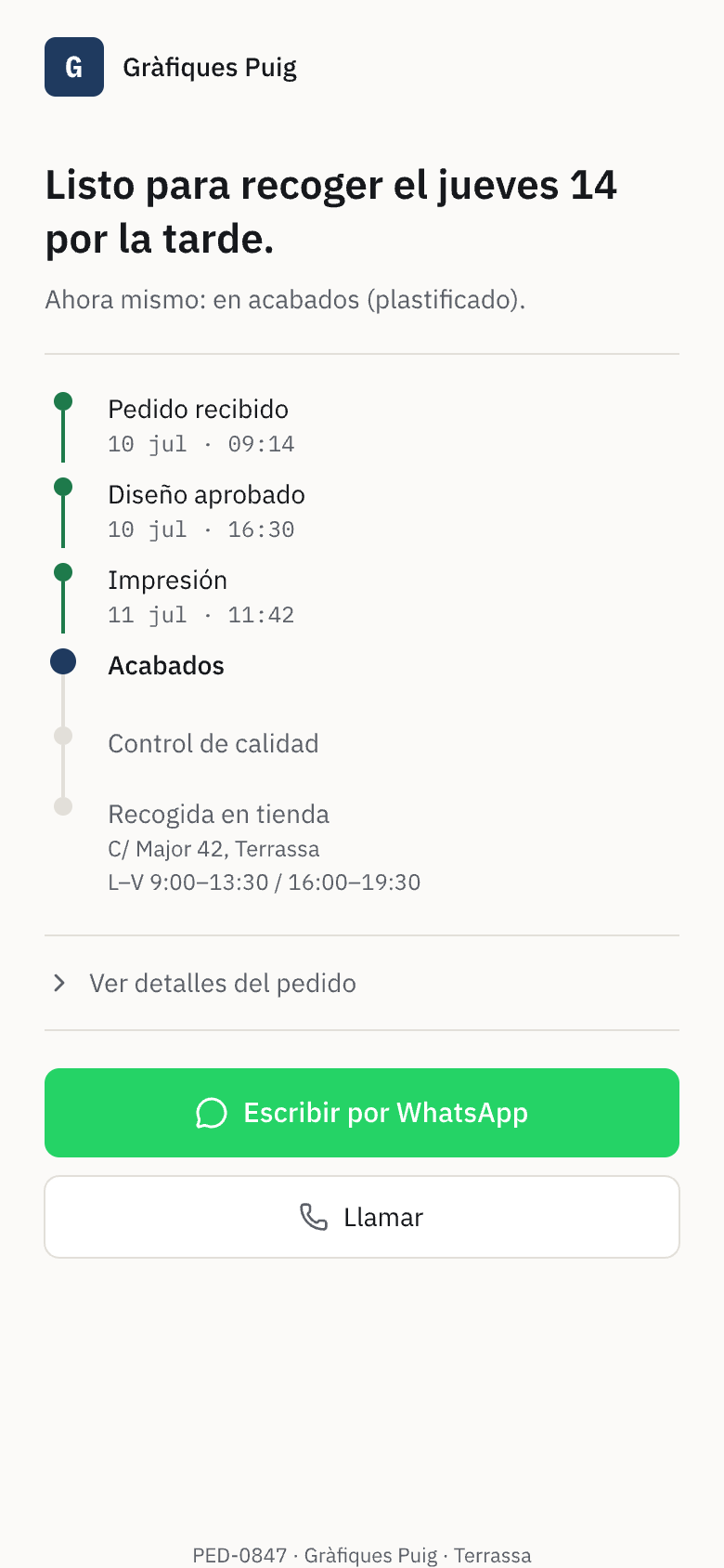 Portal de cliente móvil con seguimiento de pedidos de imprenta en tiempo real por WhatsApp